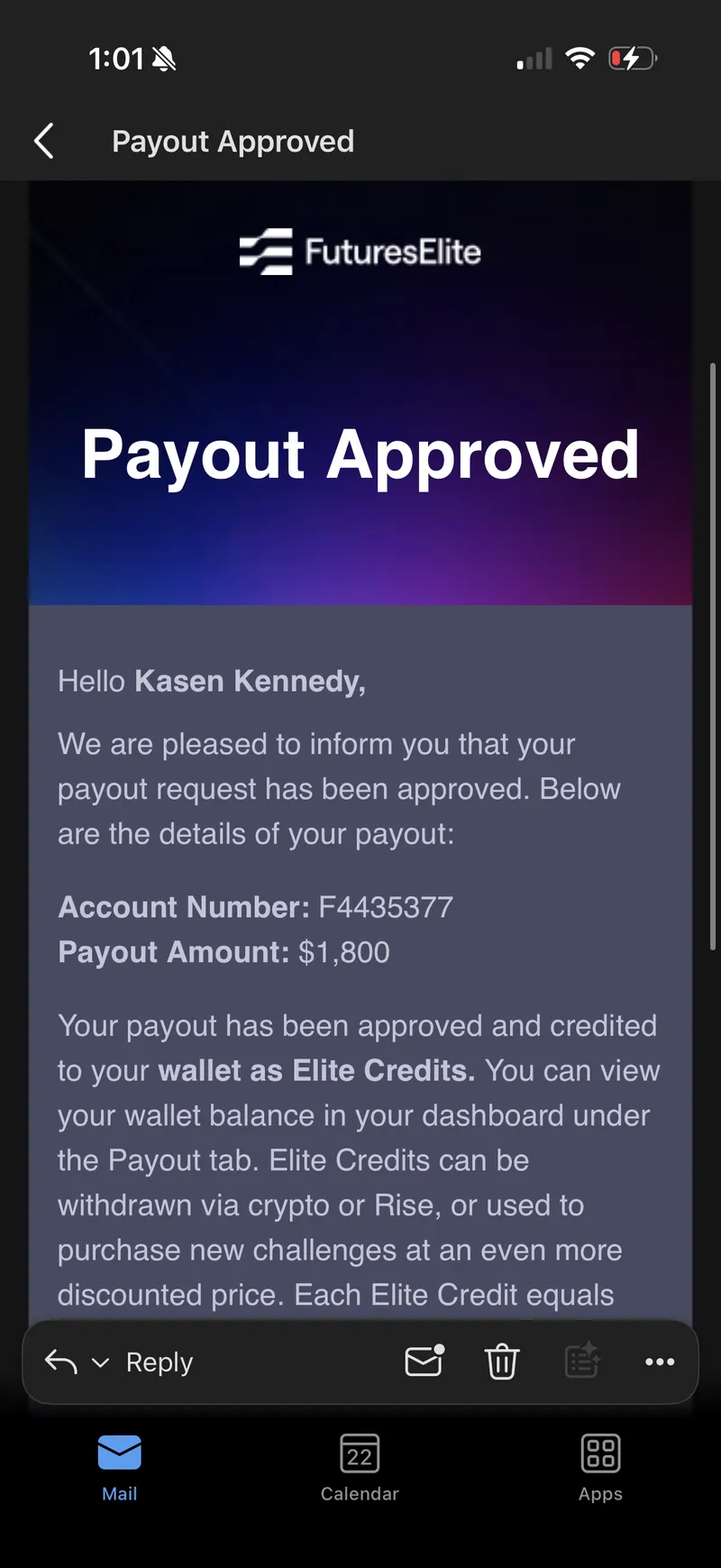 FuturesElite payout approved: $1,800